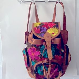 Huipil Backpack, authentic leather/  floral  embroidery